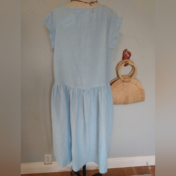 Nantucket Summer 100% Linen Sea Blue Beach Dress Classic House Picnic Cottage L - Picture 7 of 16